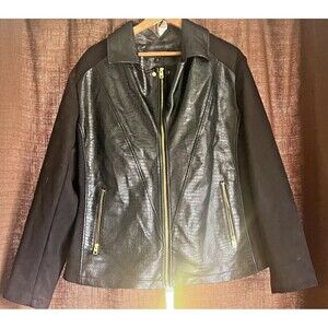 Andrew Marc New York Faux Leather Black Jacket Gold Zip 2XL Fabric Sleeves Women